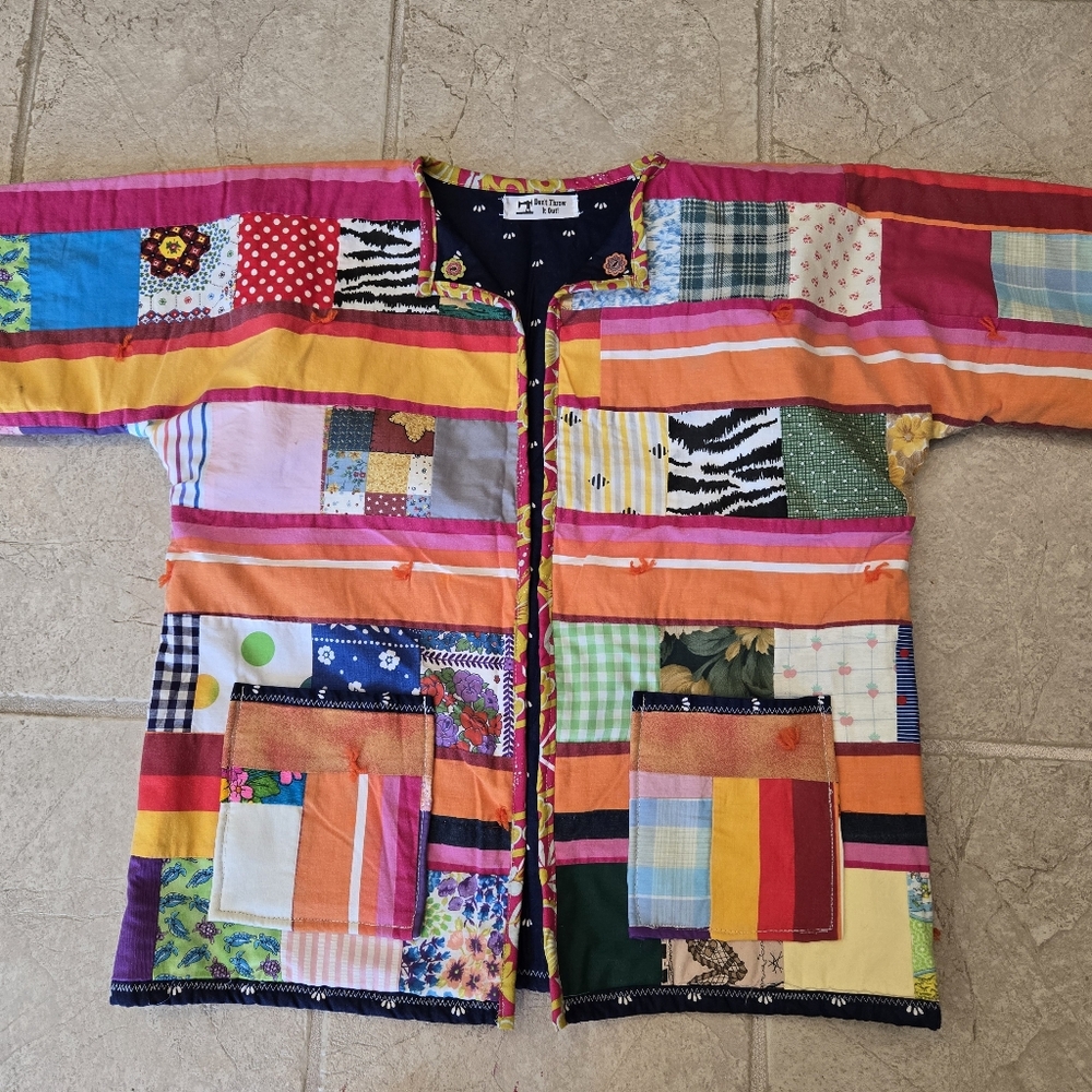 Upcycled Vtg Quilt Blanket Flirty Jacket S-M Open Front Dont Throw It Out - Picture 4 of 7